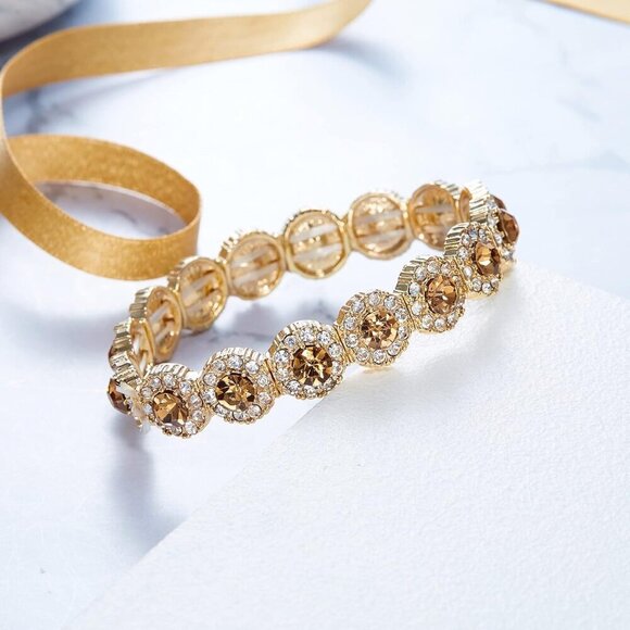 Women's Crystal Rhinestone Beaded Stretch Wedding Bridal Bangle Bracelet - Picture 3 of 5